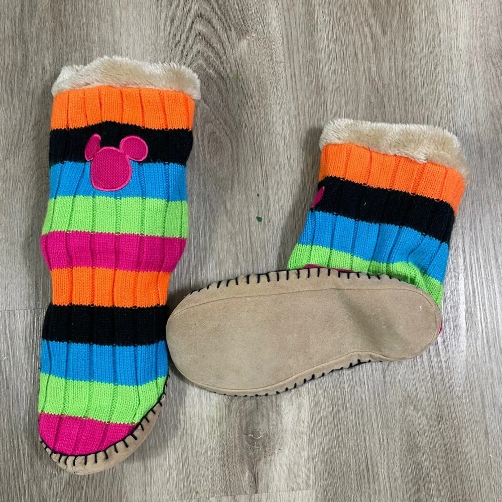 Disney Mickey Mouse Slipper Boots Kids‎ Large XL Striped Knit Faux Fur Lined
